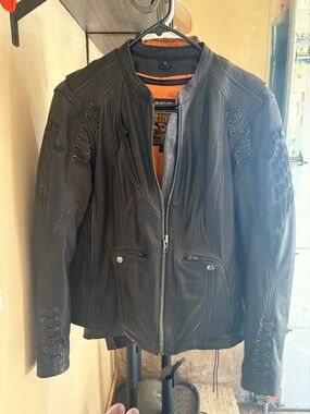 Women's Black Leather Moto Jacket with Orange Lining - Embossed Sleeve Detail